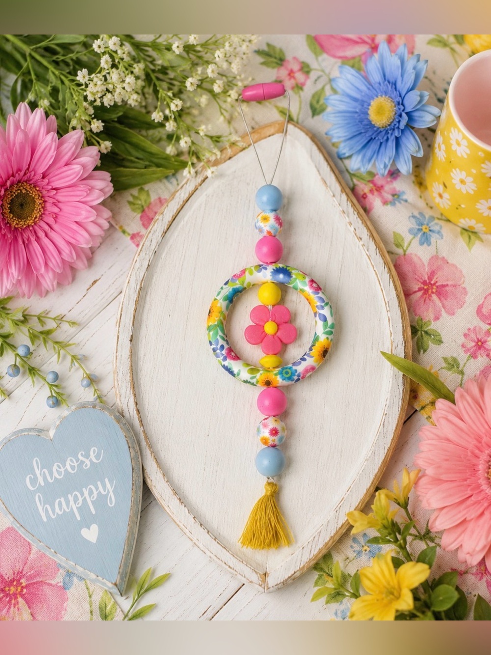 Hand Crafted Floral Pink Blue Yellow Tassel Hanging Car Charm